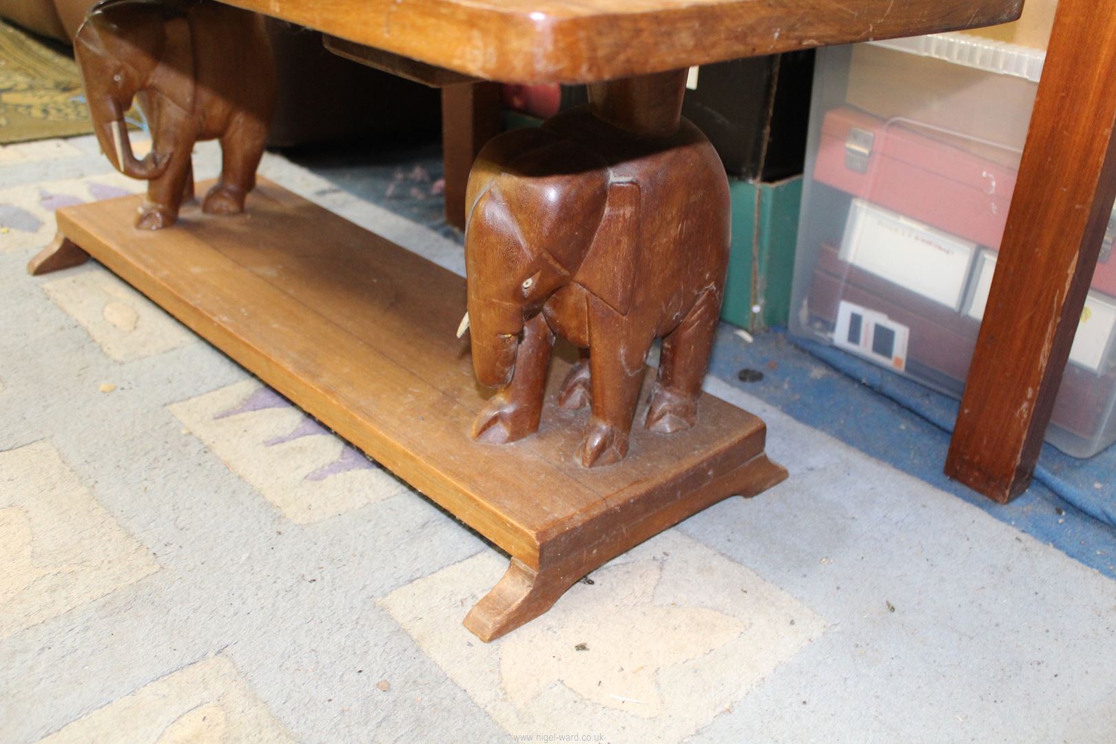 A Coffee table with two carved elephants to base, 3' long x 16" wide x 15" high. - Image 2 of 2