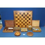 A quantity of gaming treen including; large Chess board, travelling Chess set, travelling Roulette,