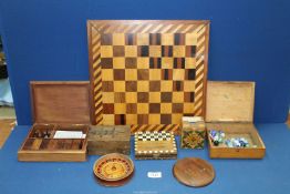 A quantity of gaming treen including; large Chess board, travelling Chess set, travelling Roulette,