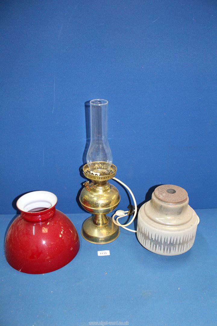 An Oil Lamp converted to electric with chimney, plus two oil lamp shades.