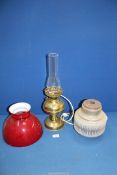 An Oil Lamp converted to electric with chimney, plus two oil lamp shades.