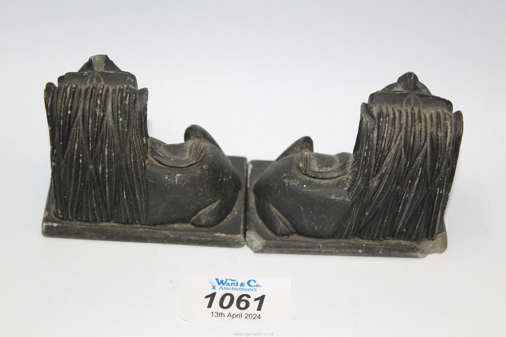 A pair of Chinese slate carvings of Temple dogs, 3" long x 2" tall. - Image 2 of 2