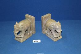 A pair of Soapstone carved elephants, each 5" long, probably bookends.