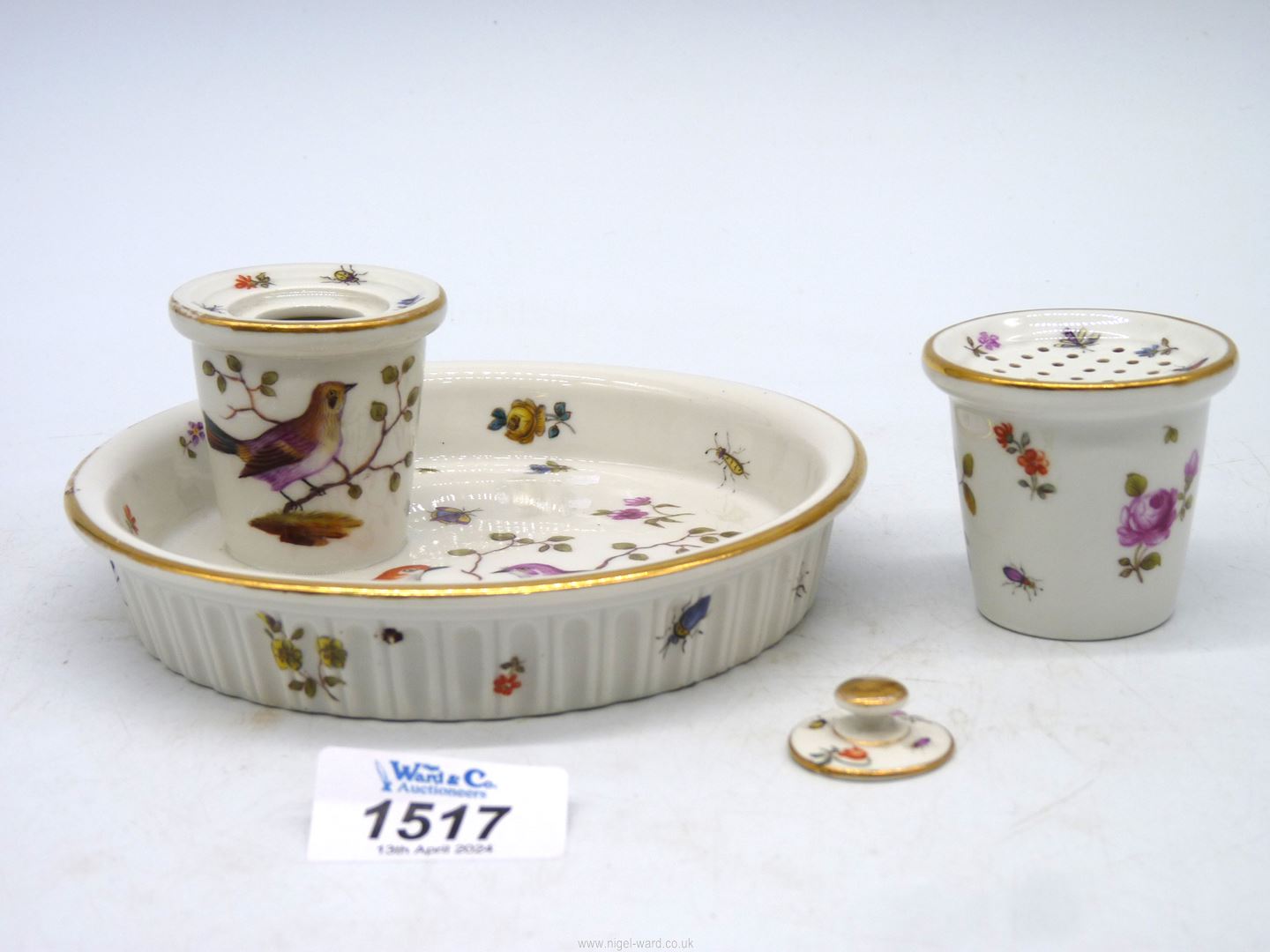 An antique continental porcelain desk set with tray and attached ink well with lid and a sander. - Image 2 of 4
