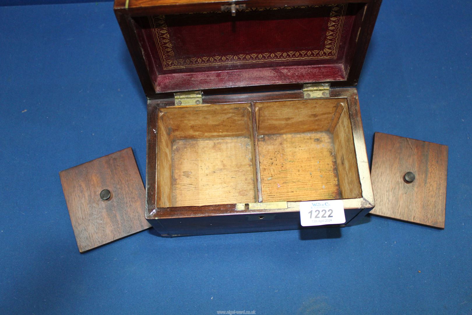 A small wooden Tea Caddy having tooled red leather to interior lid and brass escutcheon, - Image 2 of 3
