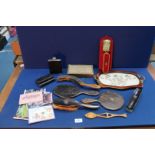 A quantity of miscellanea to include; dressing table brushes and mirror set,