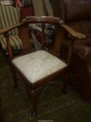 An elegant Mahogany framed Corner Chair having two-splat back with three turned supports,