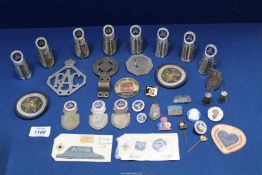 A quantity of cycling club handlebar Badges, badge moulds, RAC and MG car badges.