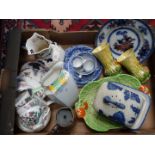 A box of miscellaneous china including; Spode Italian, Mason's jug, hand painted vases, etc.