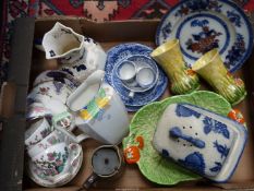 A box of miscellaneous china including; Spode Italian, Mason's jug, hand painted vases, etc.