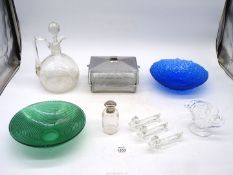 A quantity of glass including decanter, Webb Corbett cream jug, blue and green glass dishes etc.