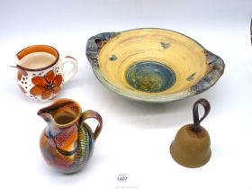 A small quantity of Studio pottery including a colourful Gwili pottery jug,