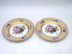 A pair of large Dresden hand painted cabinet plates of roses and butterflies,