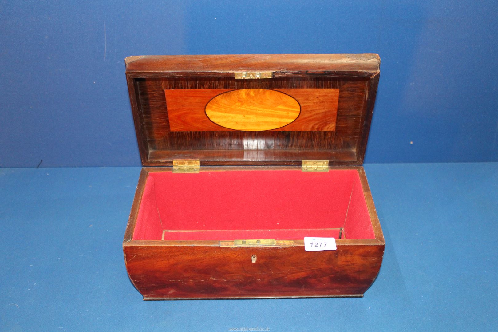 A Mahogany Sarcophagus tea caddy (no fitted interior), some damage to veneer,