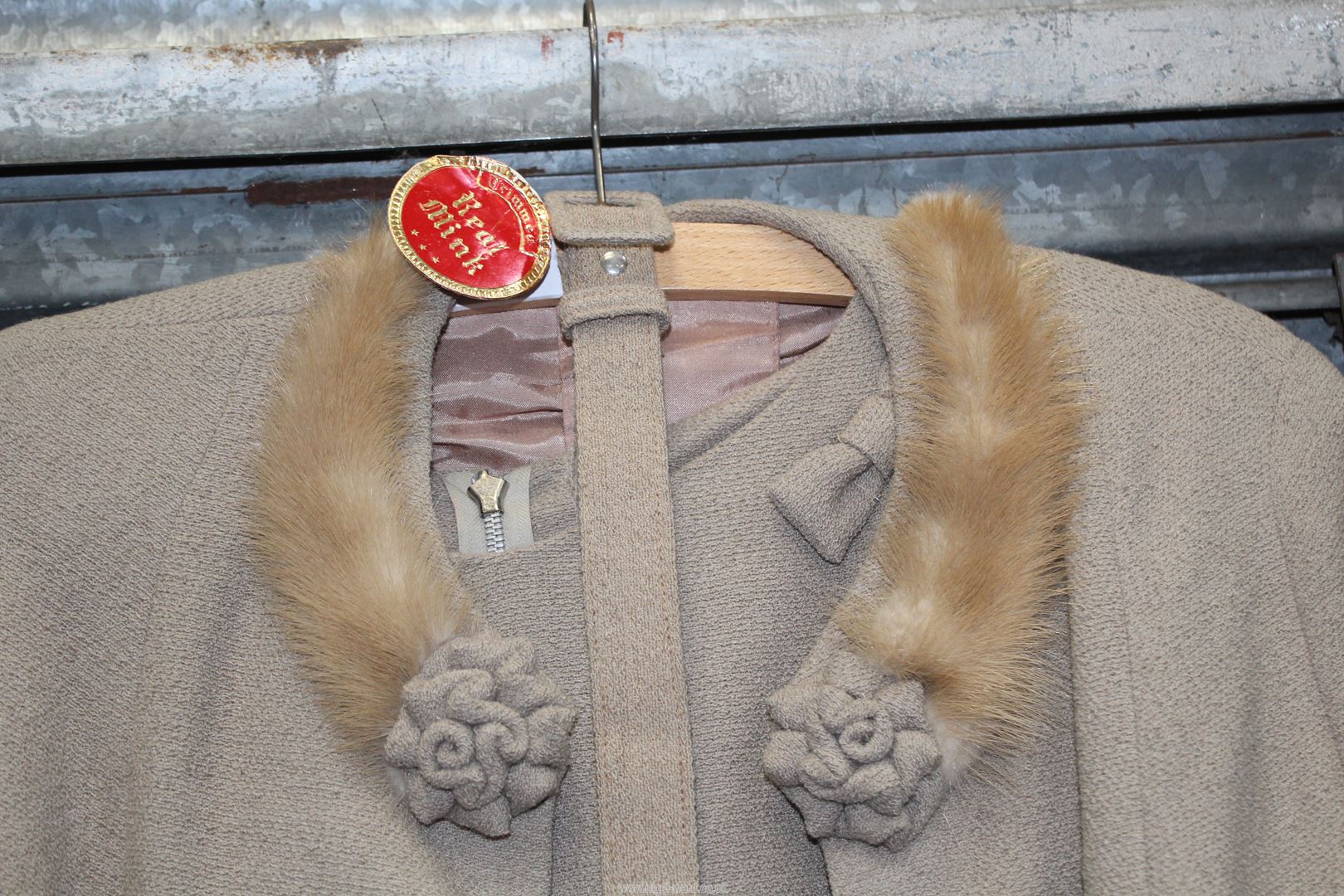 A vintage ladies costume coat and dress with belt by 'Holden' in beige light weight twill fabric, - Image 2 of 3