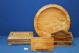 A large Sycamore platter, 15" diameter, Italian stationery box and multi-colour tissue box,