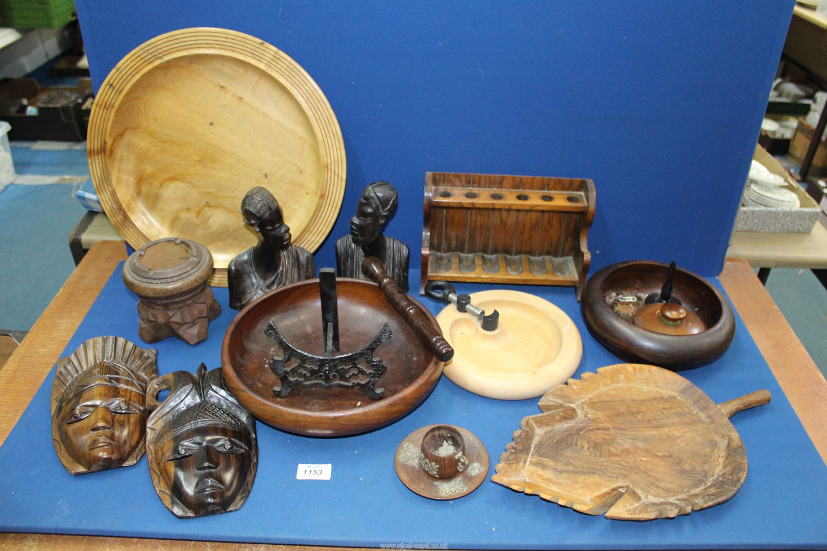 A quantity of treen including Tribal figures, bowls,platters, pipe rack stand , cup and saucer etc. - Image 2 of 2