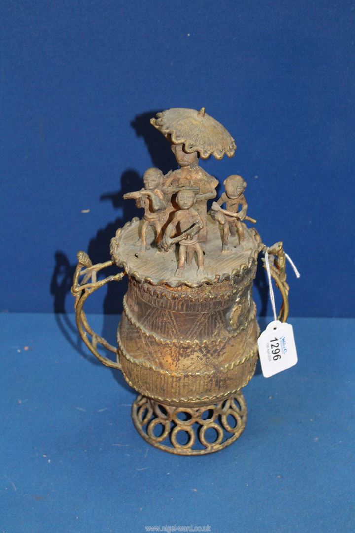 An early to mid 20th century Ashanti/Akan gold dust lidded bronze Urn highly decorated with incised