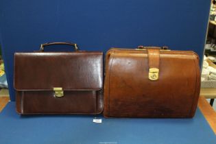 A vintage leather briefcase with many compartments plus an Italian leather briefcase (lock faulty).