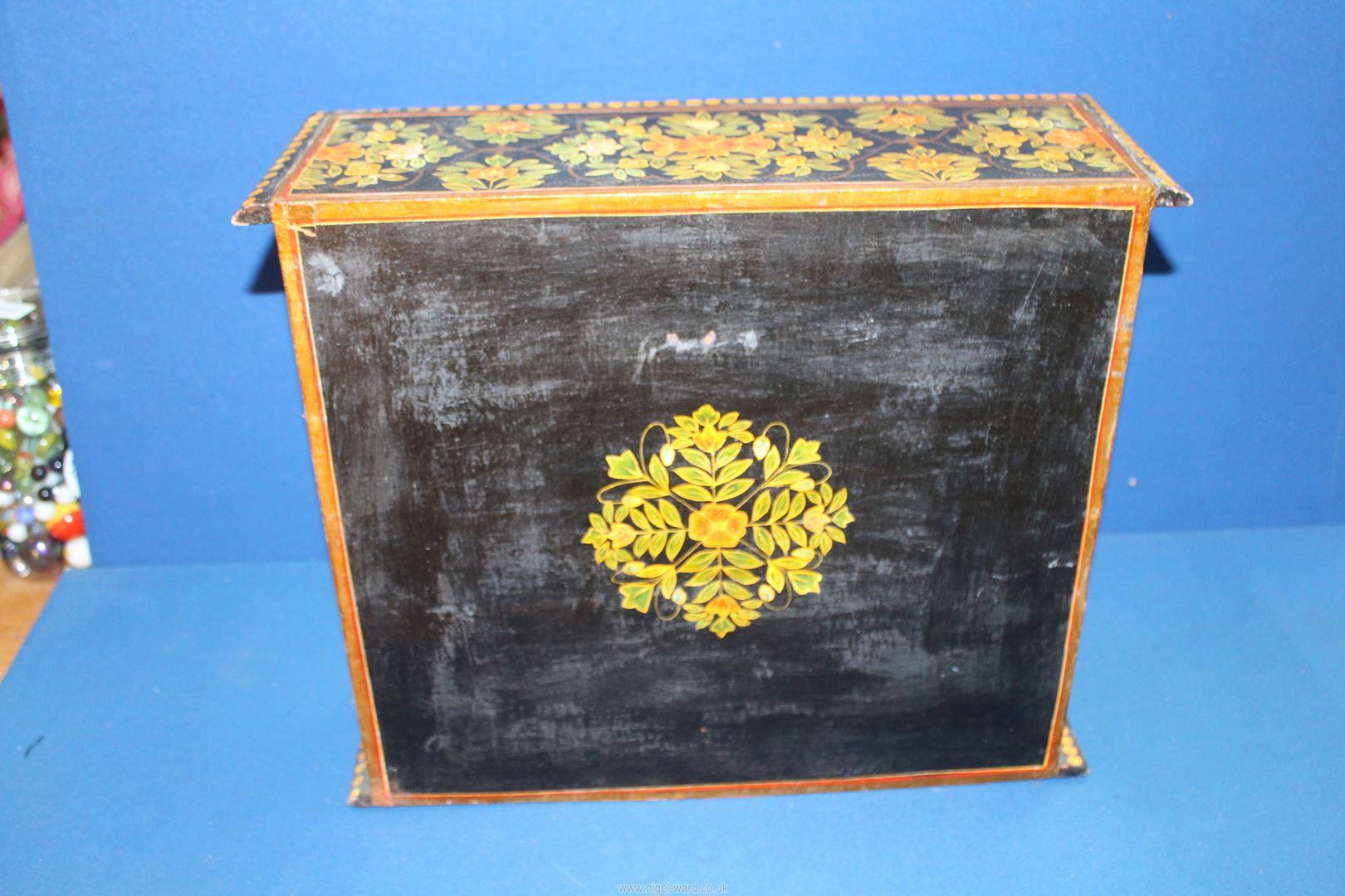 A black cabinet having painted floral decoration with two doors and two drawers, - Image 3 of 3