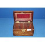 A small wooden Tea Caddy having tooled red leather to interior lid and brass escutcheon,