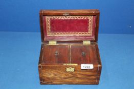 A small wooden Tea Caddy having tooled red leather to interior lid and brass escutcheon,