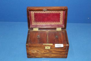 A small wooden Tea Caddy having tooled red leather to interior lid and brass escutcheon,