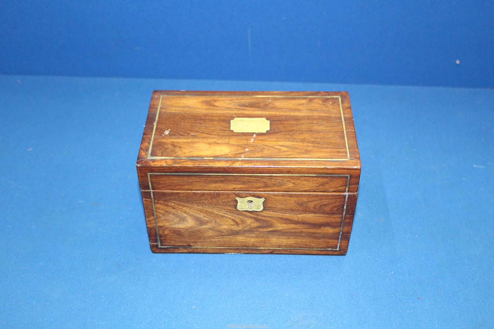 A small wooden Tea Caddy having tooled red leather to interior lid and brass escutcheon, - Image 3 of 3