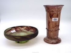 A Briar-Topaz Cloud glass shallow footed bowl 9 1/2" diameter and a mauve 'Column' Cloud glass vase