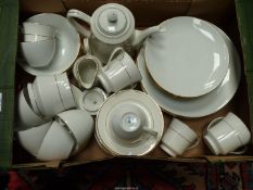 A god quantity of white with gold rims tea and dinnerware, some by Harmony.
