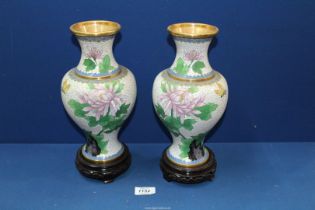 A pair of cloisonné vases on wooden plinth 12" tall.