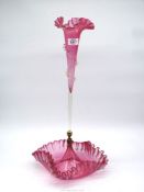 A Cranberry single stemmed Epergne with ruffled edges,