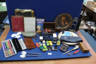 A quantity of miscellaneous including a small brass easel, enamel decanter labels,