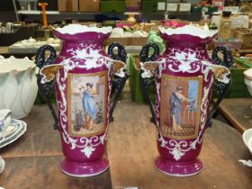 Two large Grecian style vases, 18" tall (one with repair to rim).