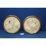 A pair of hand painted Chinese silks of Peonies in gilt roundels, 8 1/2" diameter,