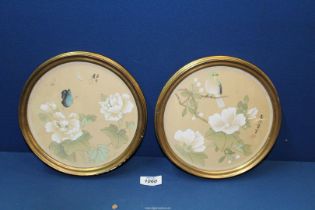 A pair of hand painted Chinese silks of Peonies in gilt roundels, 8 1/2" diameter,