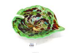 A heavy Murano lime green "tutti frutti" leaf shaped bowl with Silver inclusions among multi