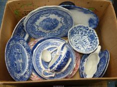 A quantity of blue and white china including Spode "Italian" tea plates etc plus one pink and white
