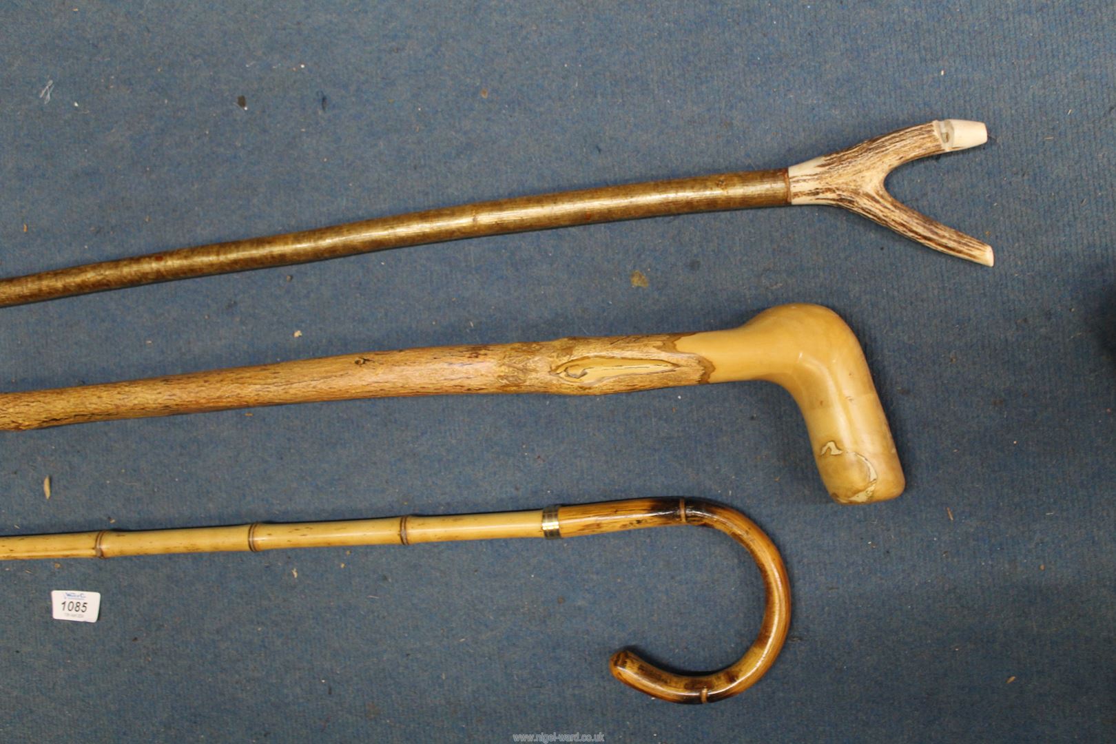 Three walking sticks: one an Antler handled thumb stick with whistle feature. - Image 2 of 3