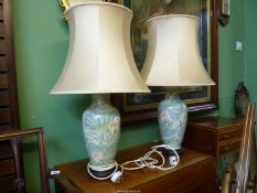 A pair of Oriental style lamps in muted green, blue and pink water lily design having peach shades.