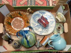 A quantity of Studio Pottery including large Tyg, Prinknash jug, mugs, dish etc.