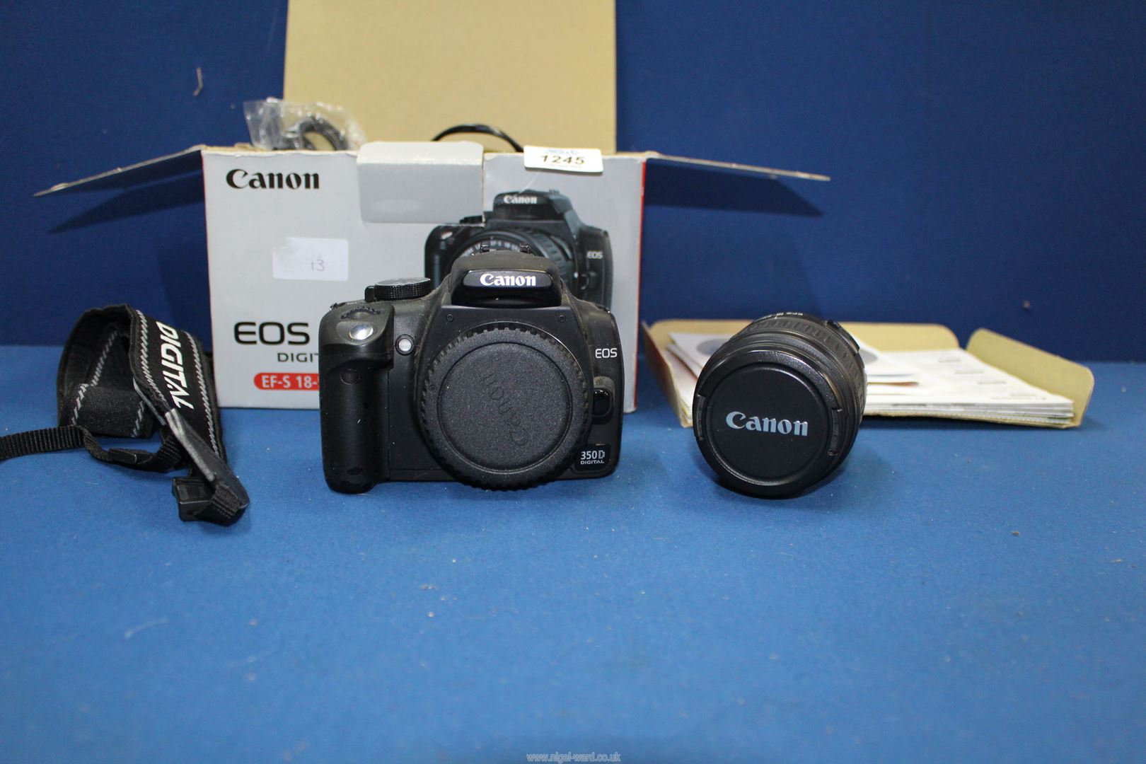 A Canon E0S 350D DSLR boxed kit including; body, EF-S 18-55mm lens, charger, 1GB memory card, - Image 2 of 2