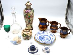 A quantity of china including; Limoges plate, dark blue Wedgwood Jasperware candlestick,