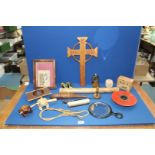 A quantity of treen including; pocket watch stand, reticulated fish, 'Rainstick' instrument, etc.