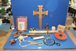 A quantity of treen including; pocket watch stand, reticulated fish, 'Rainstick' instrument, etc.