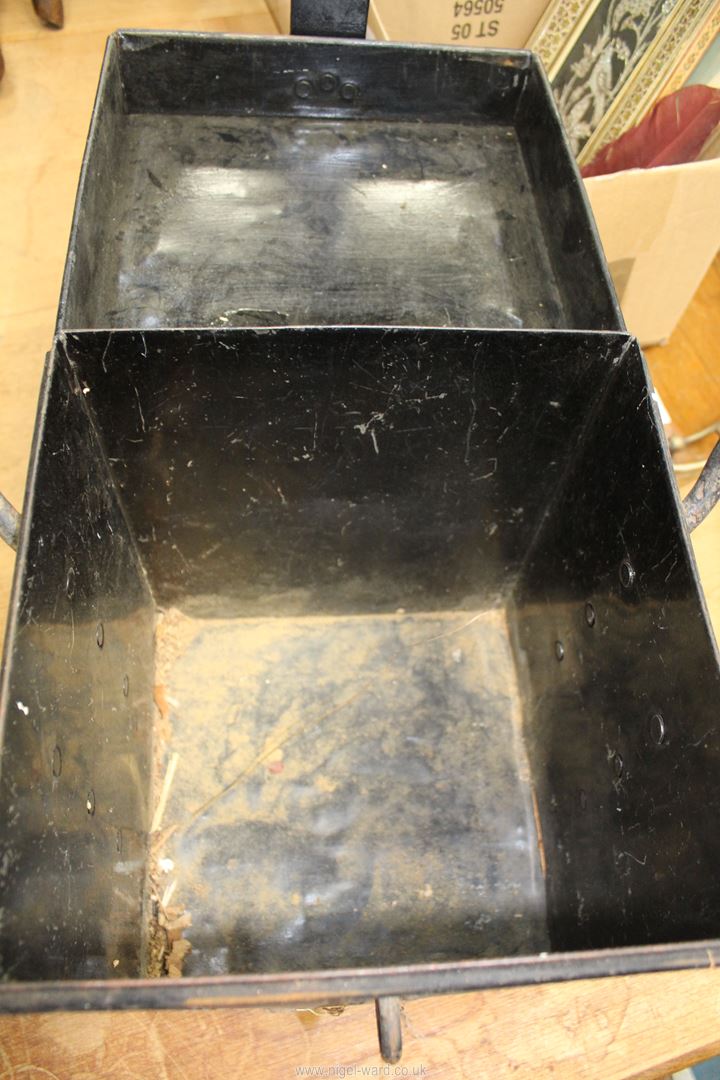 A large black metal Trunk with two elongated carrying handles, 14" tall x 11" square. - Image 2 of 2