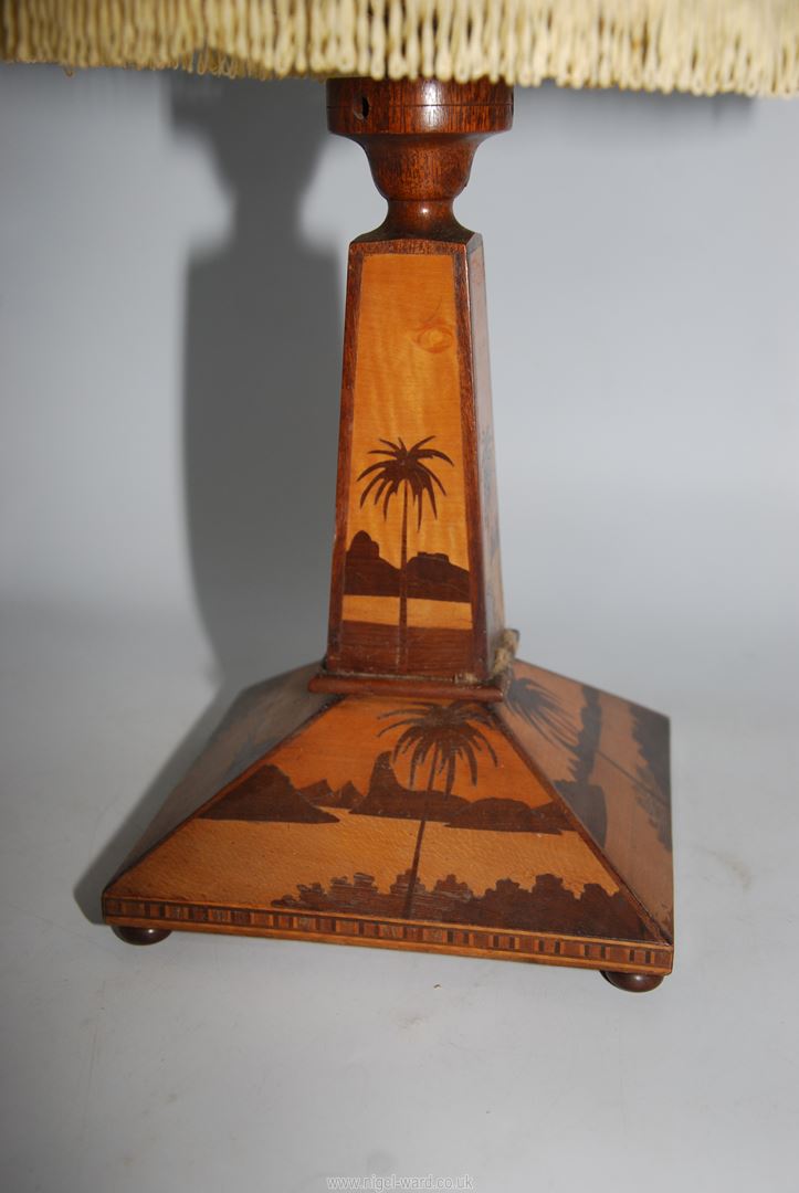 A vintage Treen table lamp with square base and tapering column with palm tree and lake marquetry - Image 2 of 2