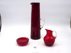 Two pieces of Whitefriars glass including a 13" tall tapered jug with clear handle,