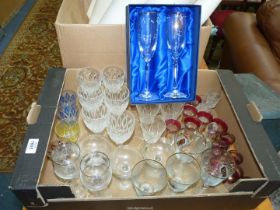 A box of glasses including Brierley sherry glasses, Babycham, short glasses etc.