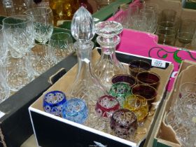 Six coloured cut glass aperitif glasses,
